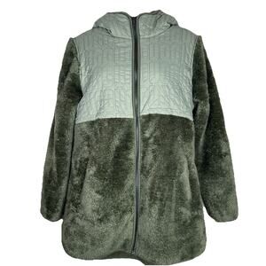 UGG LOGO Hooded TEDDY COAT FLEECE JACKET WOMENS SMALL Olive